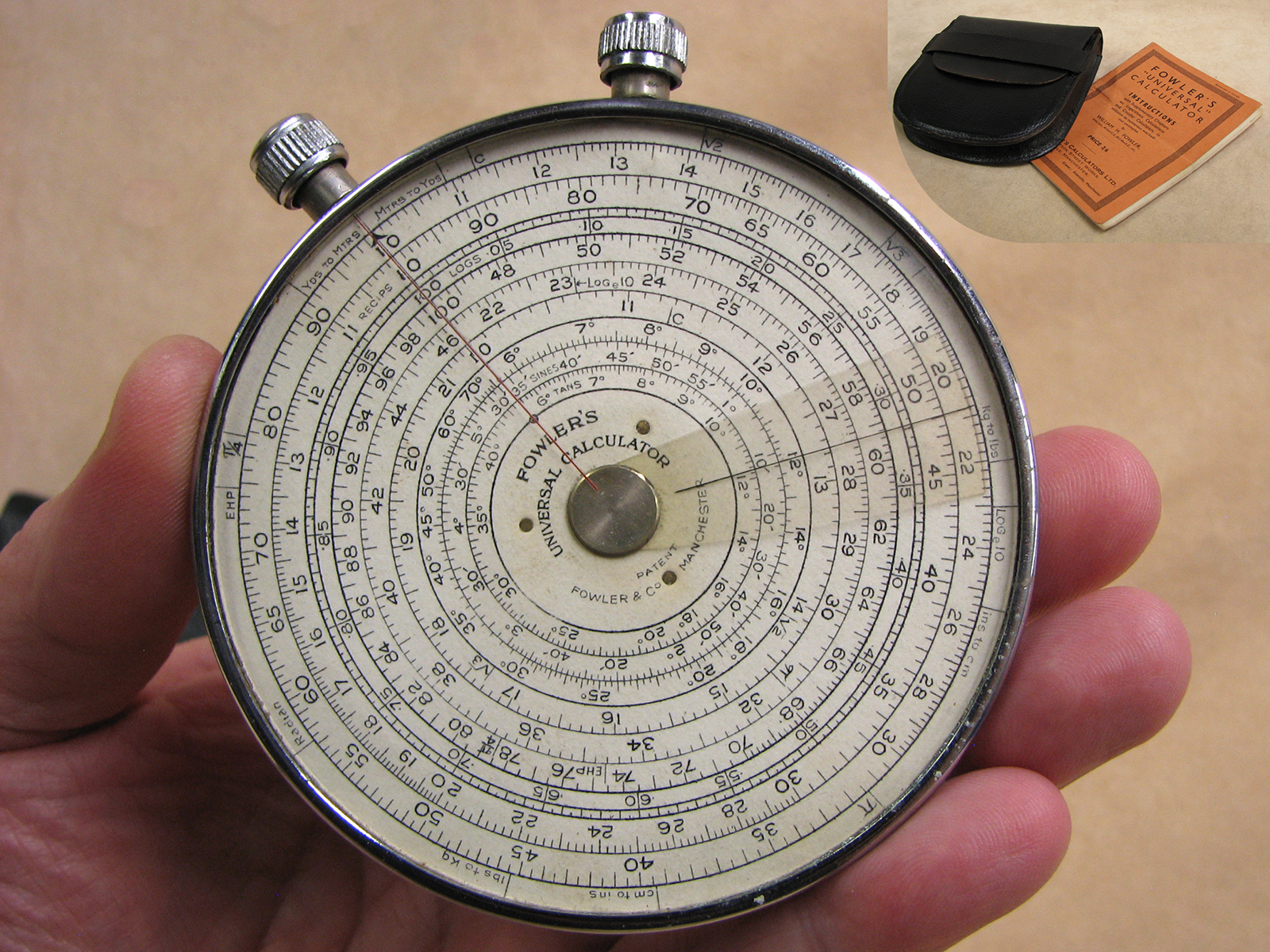 1930s Fowler's Universal circular calculator with chrome back plate